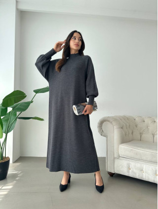 Robe Pull Chic GRIS FONCÉ - Robe pull long pour femme en laine face