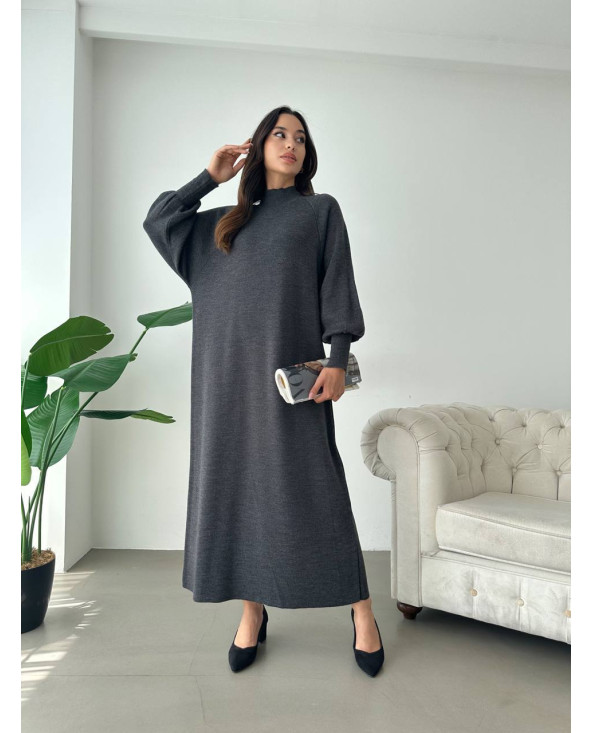 Robe Pull Chic GRIS FONCÉ - Robe pull long pour femme en laine face