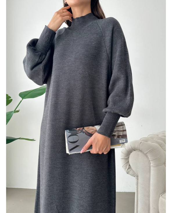 Robe Pull Chic GRIS FONCÉ - Robe pull long pour femme en laine zoom