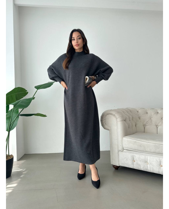 Robe Pull Chic GRIS FONCÉ - Robe pull long pour femme en laine face 2