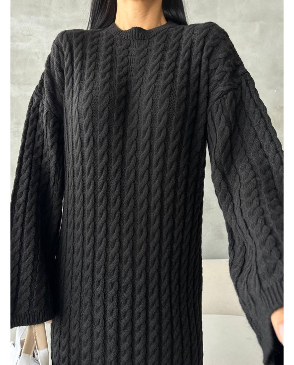 Robe Pull Épure en Maille Tressée Noir - Sanastyle
