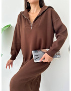 Robe Pull Fermeture Éclair Chocolat - Robe pull long pour femme en laine col zip zoom