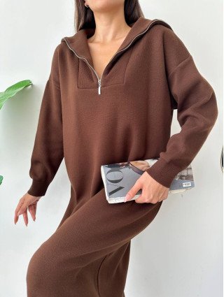 Robe Pull Fermeture Éclair Chocolat - Robe pull long pour femme en laine col zip zoom