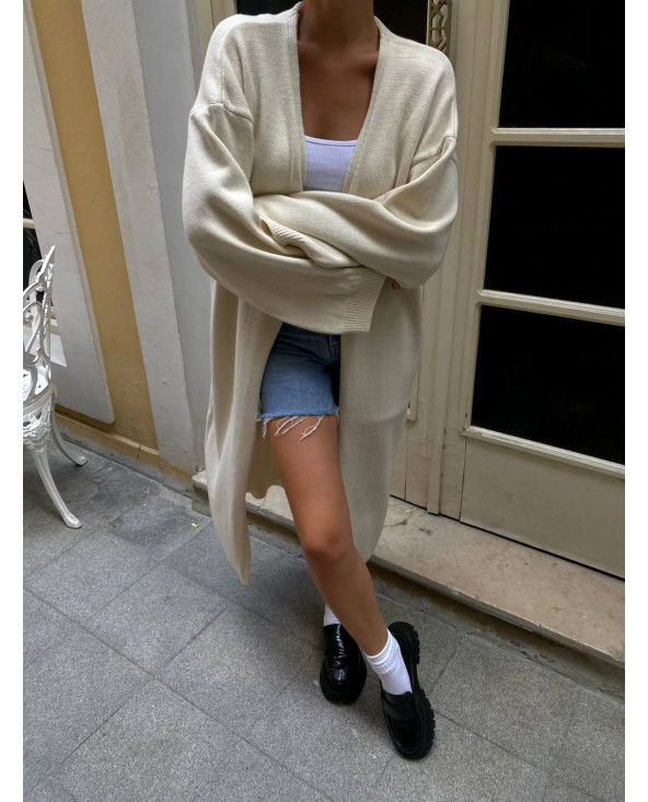 Cardigan Long Oversize en Tricot Côtelé CRÈME