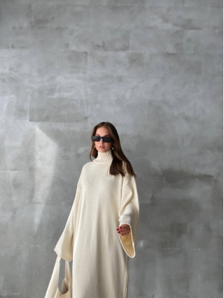 Beige - Robe Longue Fluide Manches Évasées