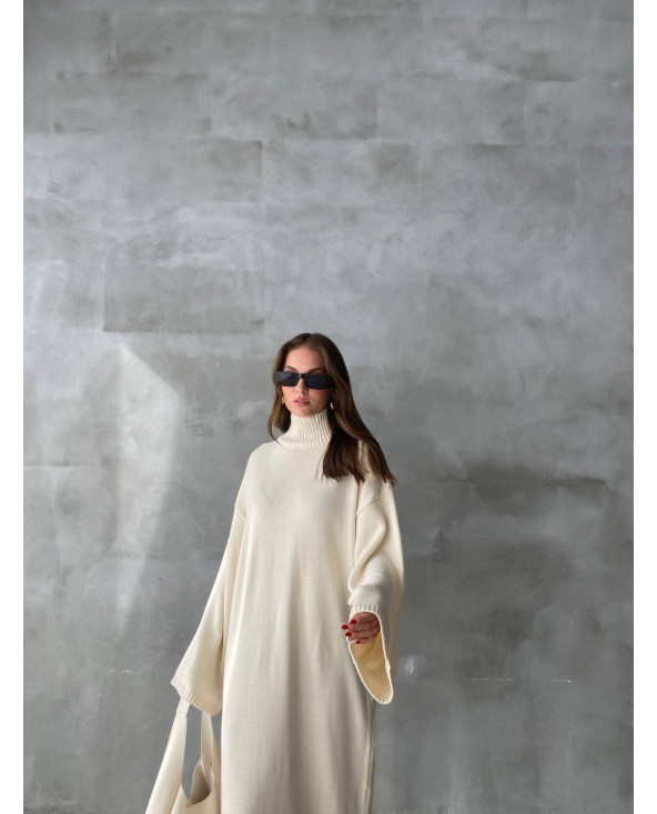 Beige - Robe Longue Fluide Manches Évasées