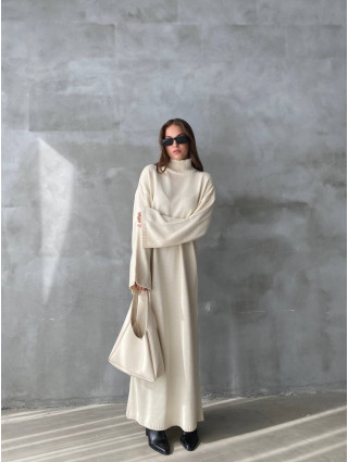 Beige - Robe Longue Fluide Manches Évasées