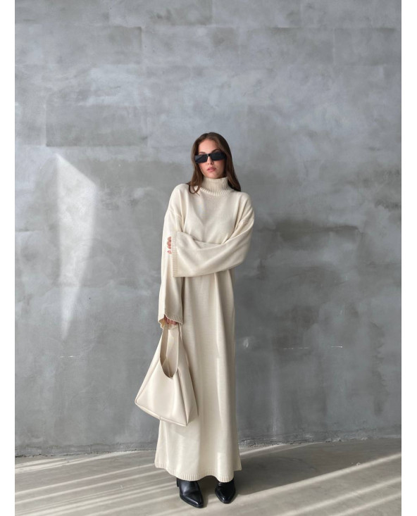 Beige - Robe Longue Fluide Manches Évasées