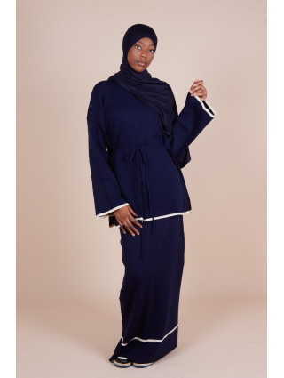 Ensemble jupe maille côtelée ceinture Bleu