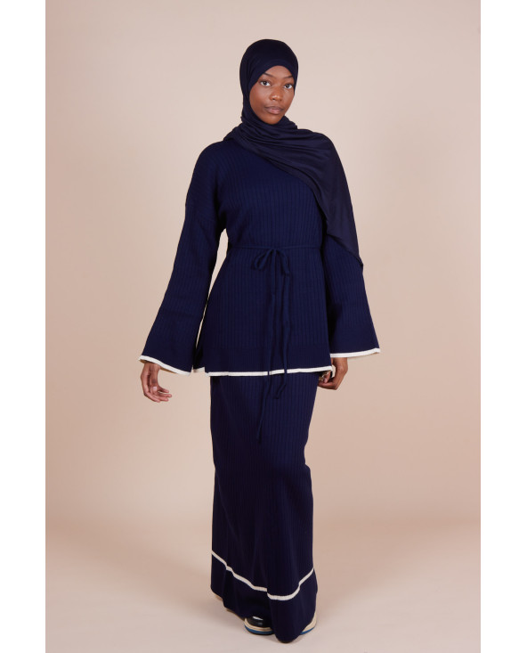 Ensemble jupe maille côtelée ceinture Bleu