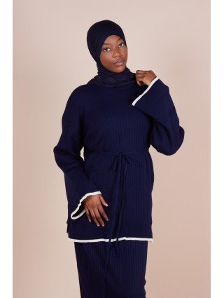 Ensemble jupe maille côtelée ceinture Bleu