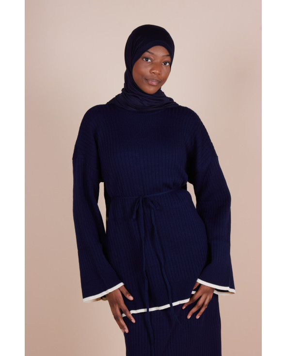 Ensemble jupe maille côtelée ceinture Bleu