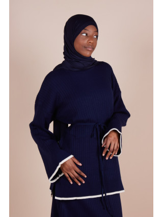 Ensemble jupe maille côtelée ceinture Bleu