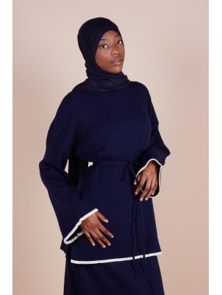 Ensemble jupe maille côtelée ceinture Bleu