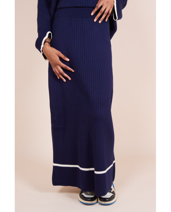 Ensemble jupe maille côtelée ceinture Bleu