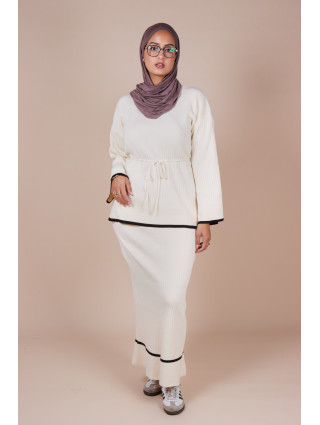 Ensemble jupe maille côtelée ceinture crème