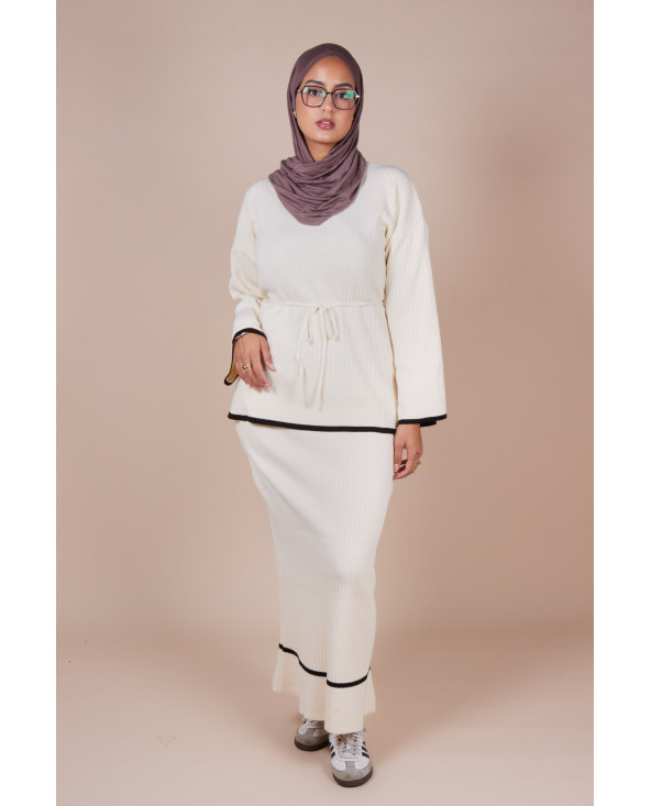 Ensemble jupe maille côtelée ceinture crème