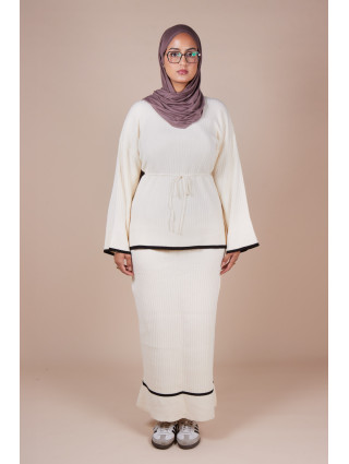 Ensemble jupe maille côtelée ceinture crème