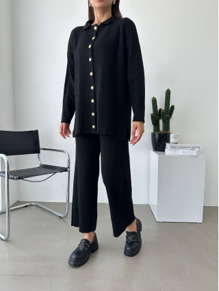 Ensemble long côtelé Noir boutons dorés