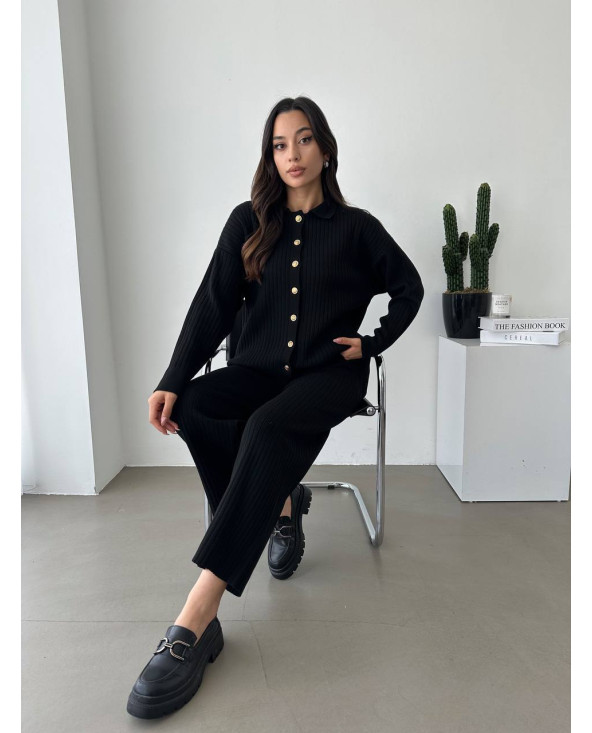 Ensemble long côtelé Noir boutons dorés