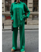 Ensemble long côtelé Vert boutons dorés