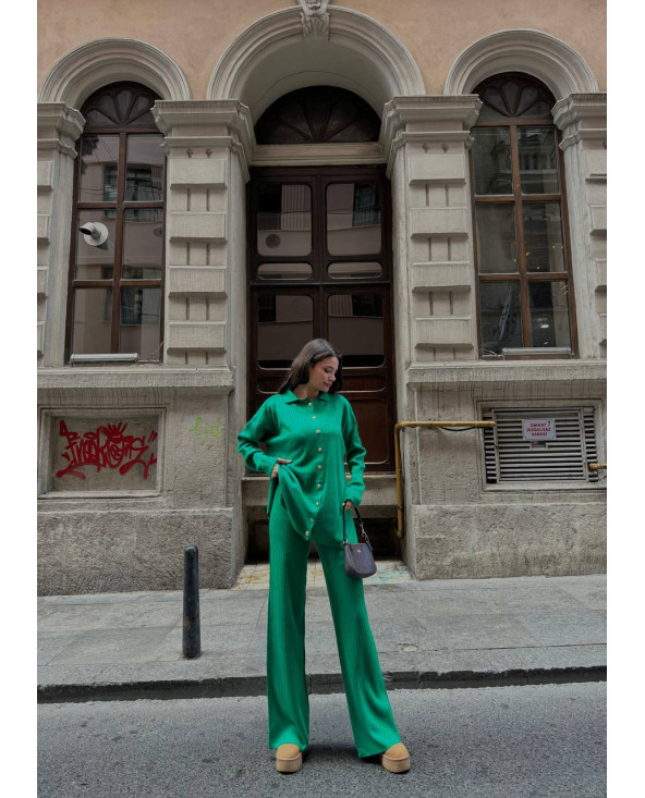 Ensemble long côtelé Vert boutons dorés