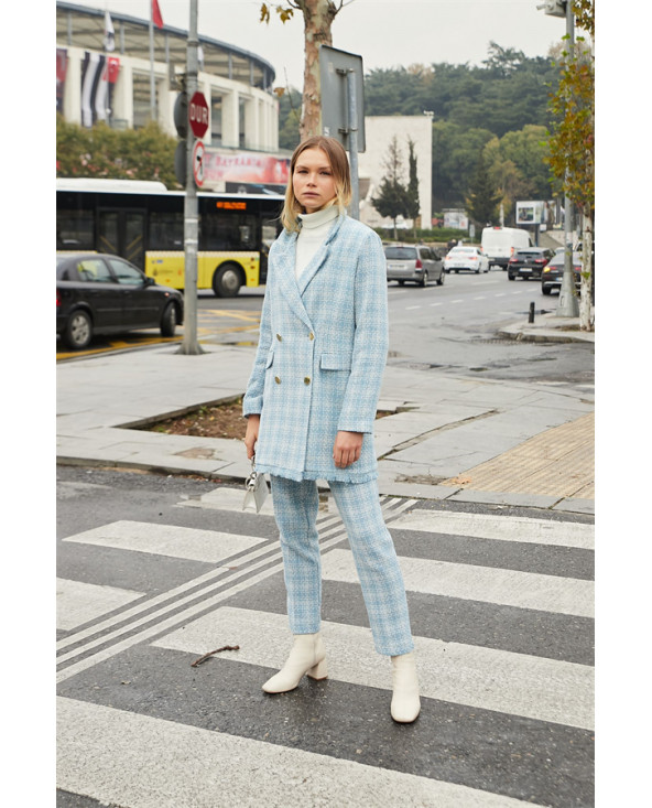 Costume Tweed à Carreaux Bleu Pastel