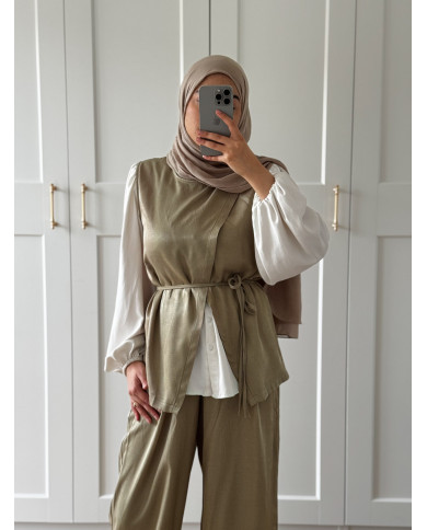 Ensemble vert olive – Haut à ceinture & pantalon évasé