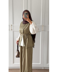 Ensemble vert olive – Haut à ceinture & pantalon évasé
