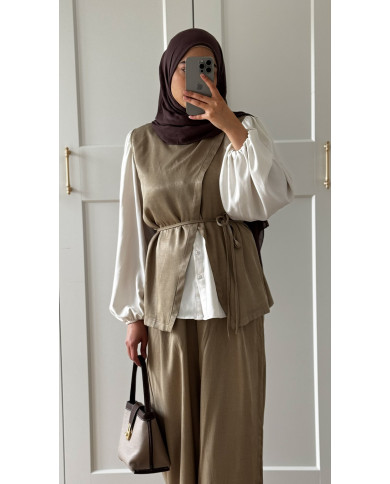 Ensemble vert olive – Haut à ceinture & pantalon évasé