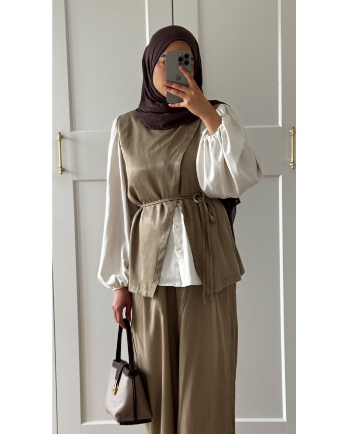 Ensemble vert olive – Haut à ceinture & pantalon évasé