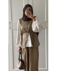 Ensemble vert olive – Haut à ceinture & pantalon évasé