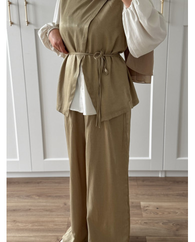 Ensemble vert olive – Haut à ceinture & pantalon évasé