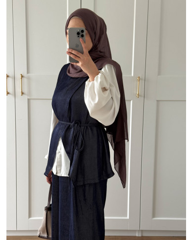 Ensemble effet denim bleu – Haut à ceinture & pantalon évasé