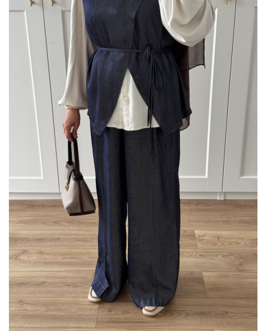Ensemble effet denim bleu – Haut à ceinture & pantalon évasé