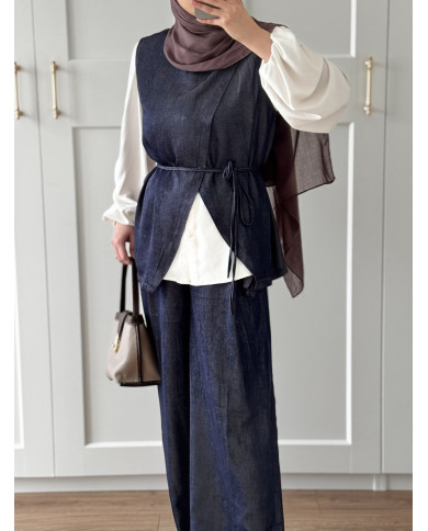 Ensemble effet denim bleu – Haut à ceinture & pantalon évasé