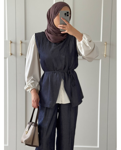 Ensemble effet denim bleu – Haut à ceinture & pantalon évasé