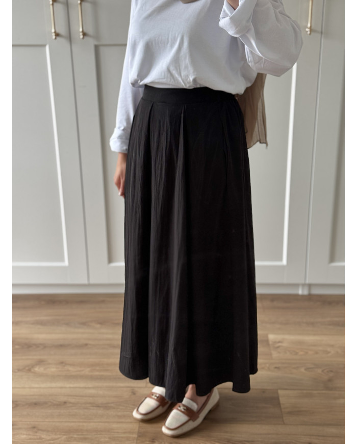 Jupe trapèze noire longue en coton – doublée avec poches