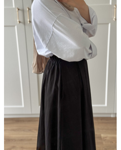 Jupe trapèze noire longue en coton – doublée avec poches