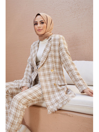 Costume Tweed à Carreaux Marron