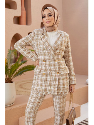 Costume Tweed à Carreaux Marron