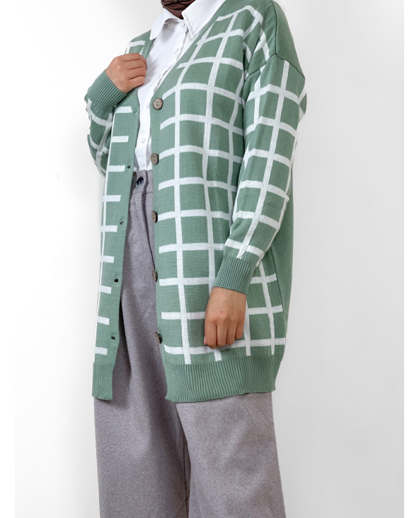 CARDIGAN VERT À CARREAUX