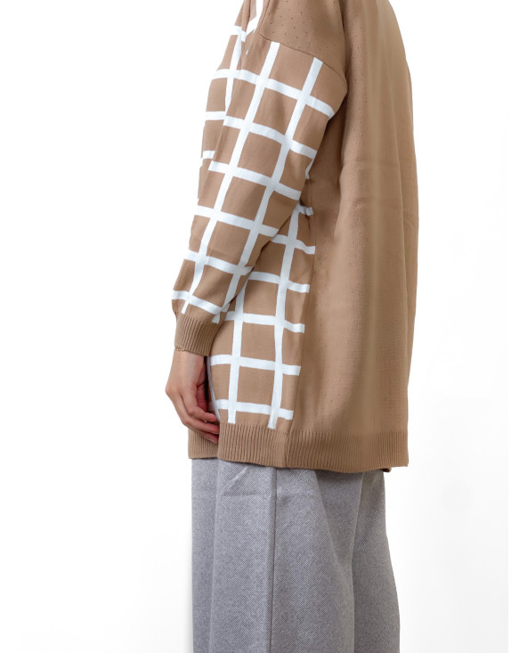 CARDIGAN CAMEL À CARREAUX