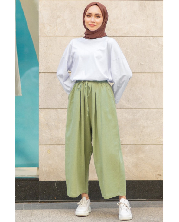 PANTALON EN LIN VERT KAKI