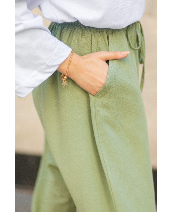 PANTALON EN LIN VERT KAKI