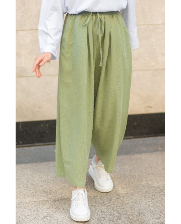 PANTALON EN LIN VERT KAKI